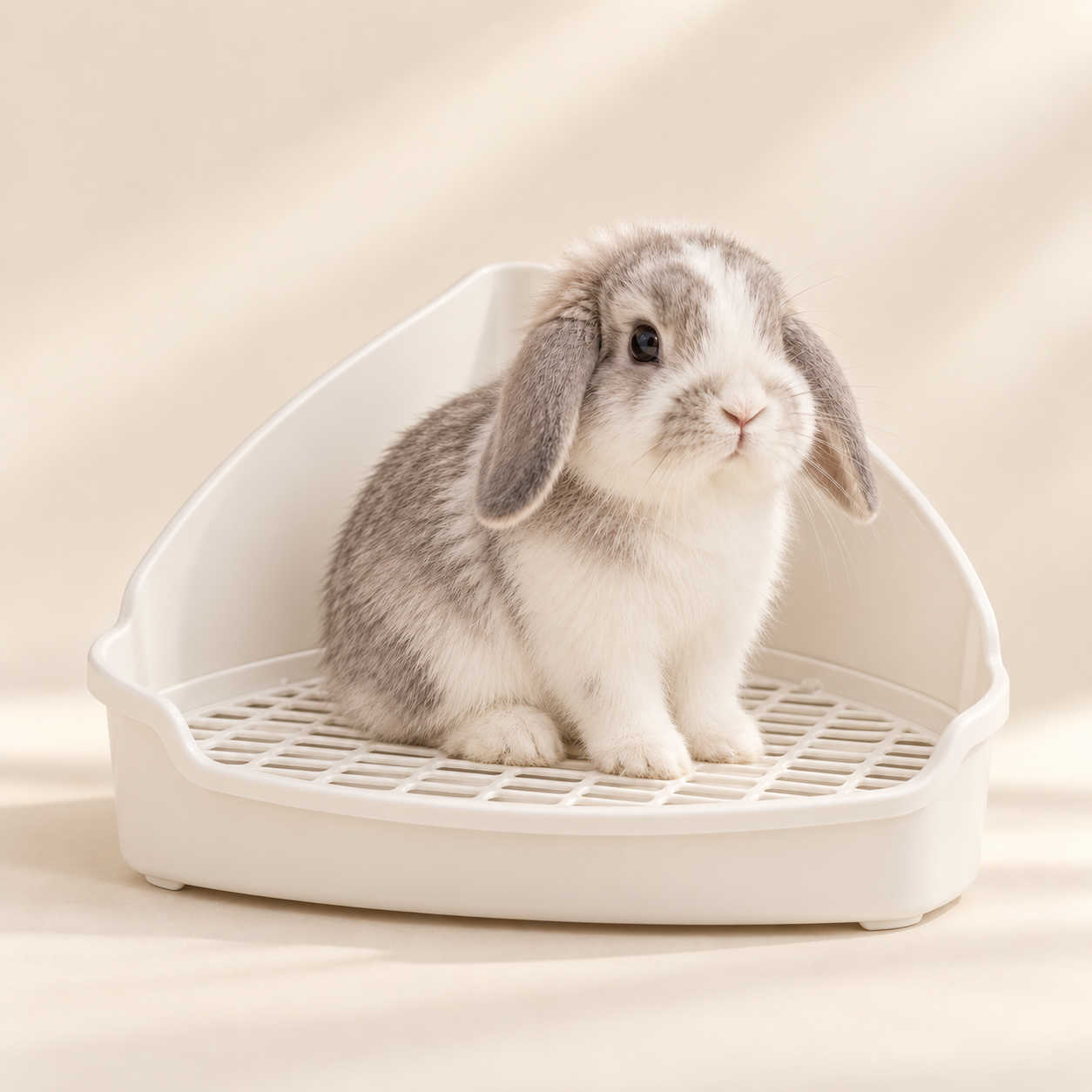 Lapin dans un bac à litière d’angle blanc équipé d’une grille