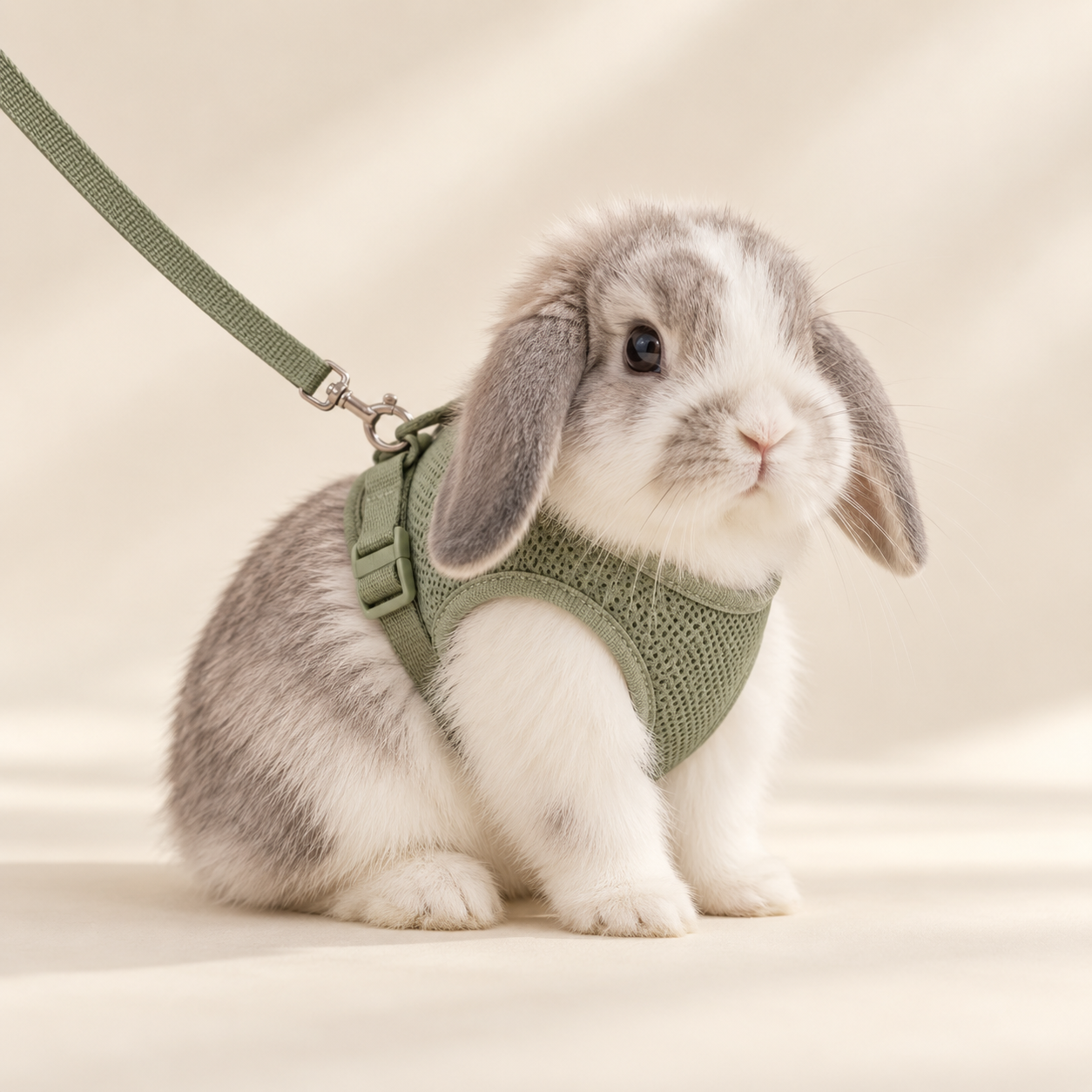 Lapin nain portant un harnais gilet vert sauge avec sa laisse